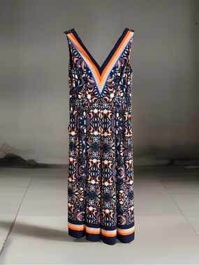 Vince Camuto Navy Multicolor Printed V-Neck Maxi Jumpsuit